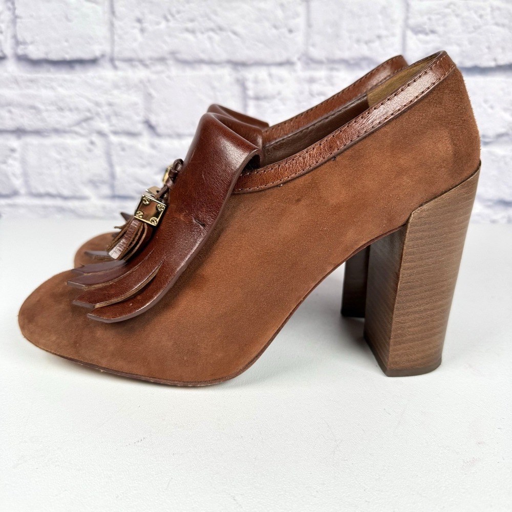 Tory Burch Arelia Brown Suede Leather Kiltie Pump Stacked Heels Tassels Sz 9.5 M - Picture 6 of 13